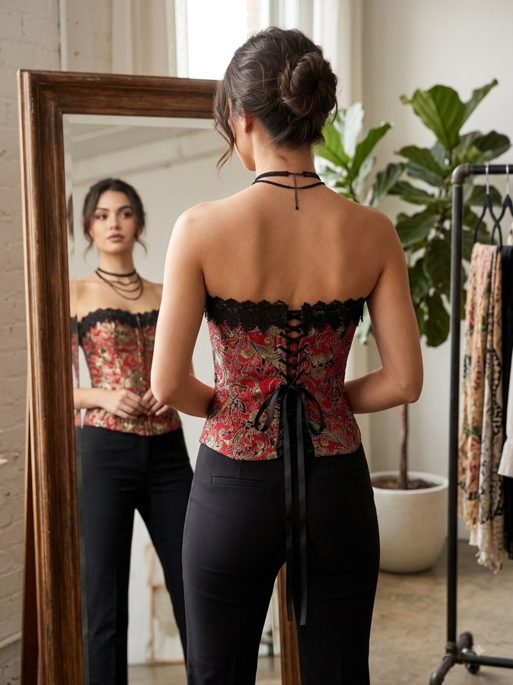 VTG Tesa Victorian Goth Vampire Steampunk Lace Trim Corset Laced Back